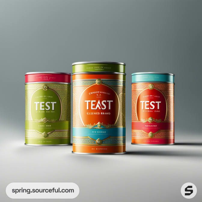 Three cylindrical tins with colorful designs and 'Test' branding.