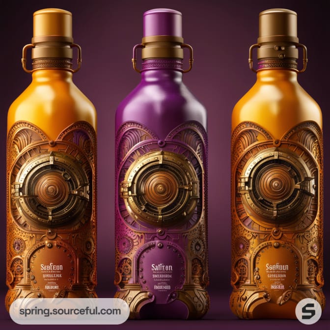 Three ornate metal bottles with circular designs, in gold, purple, and bronze, set against a dark background.