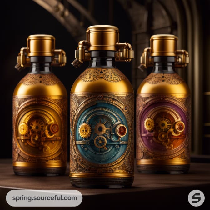 Steampunk-themed bottles with intricate golden gears and dark liquid inside.