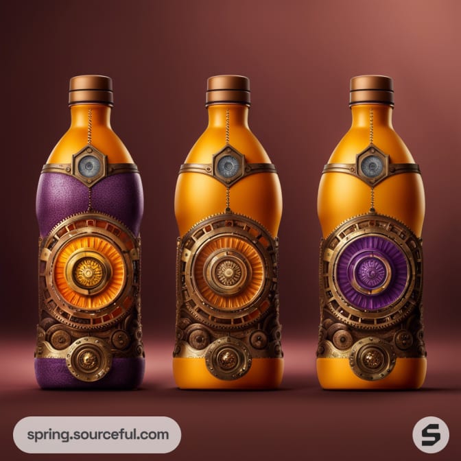 Three steampunk-themed bottles with intricate clockwork designs and vibrant orange and purple colors.