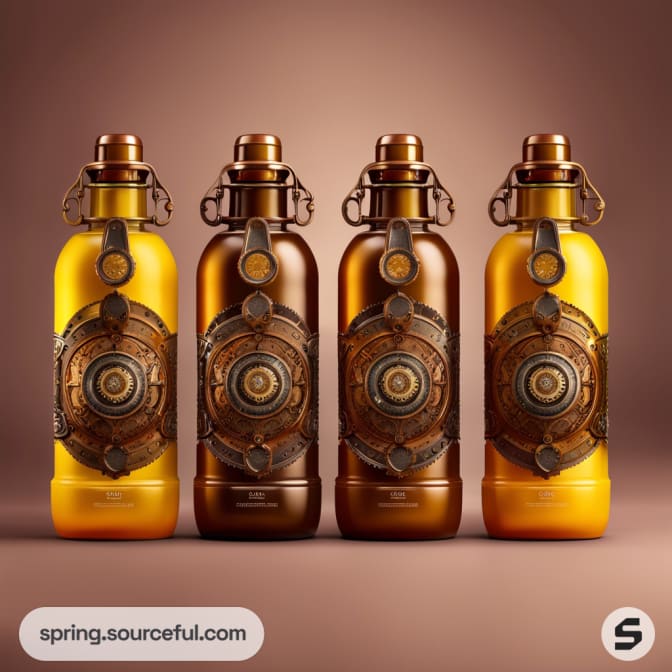 Four steampunk-style drink bottles with intricate metallic designs on a brown gradient background.