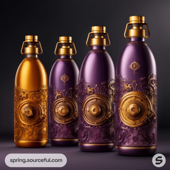 Four ornate metal bottles in gold and purple with intricate embossed designs on a dark background.