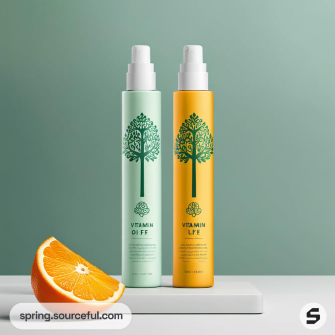 Green and orange vitamin skincare bottles with tree designs, set against a green background with orange slices.