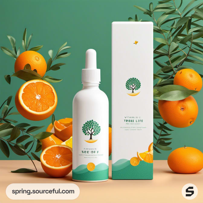 White dropper bottle with green tree design and matching box, surrounded by oranges and leaves.
