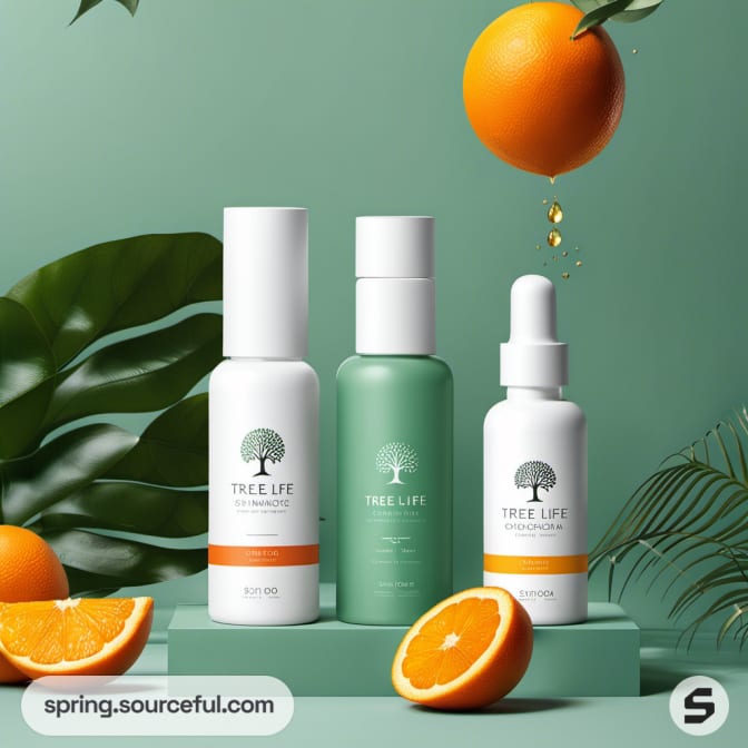 Three green and white skincare bottles with tree logo, surrounded by orange slices and green leaves.