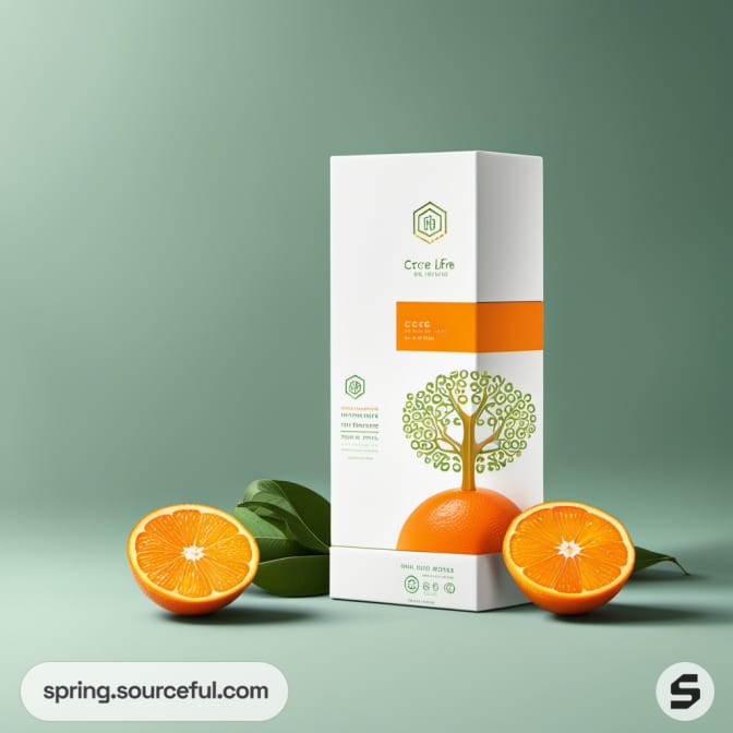 White box with green tree design and orange accents, posed with orange halves and leaves.