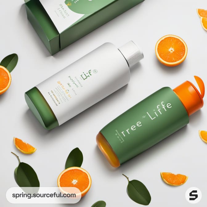 Two green vitamin bottles with orange caps, surrounded by orange slices and leaves.