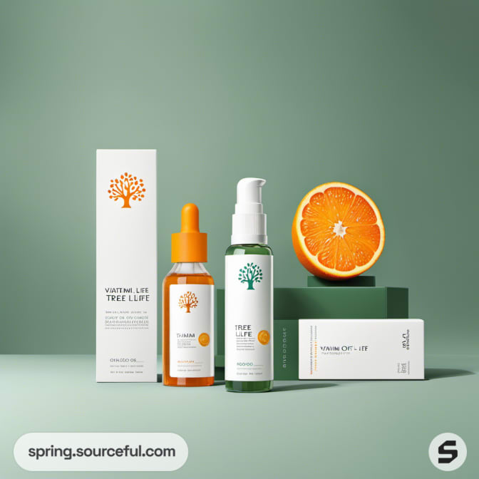 Skincare serum and cream bottles with tree logo, set against a light green backdrop with orange slices.