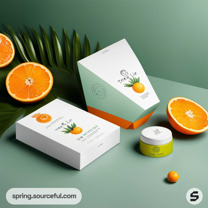 Packaging with tree design, featuring a triangle box and small round container, surrounded by orange slices.