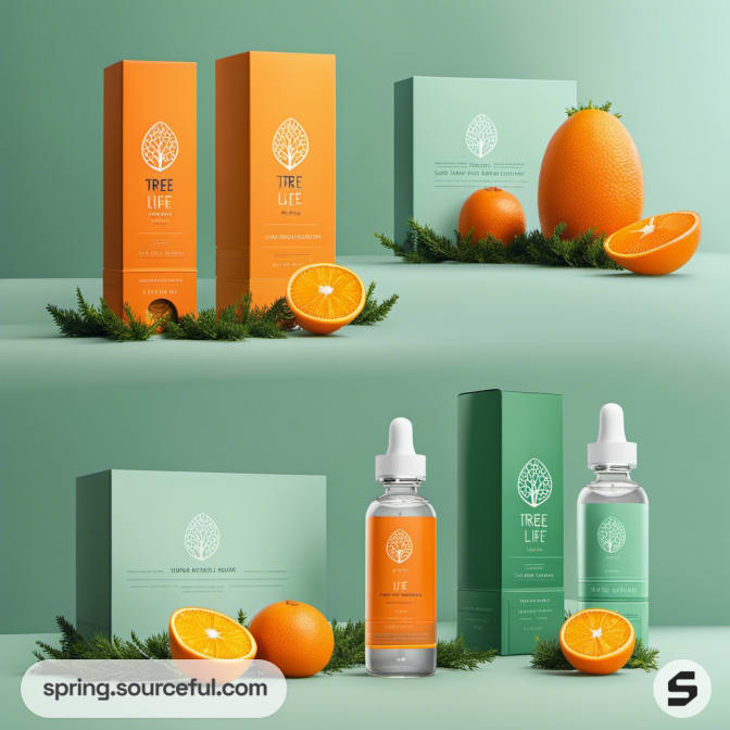 Orange and green skincare sets with tree logo, displayed with oranges and greenery.