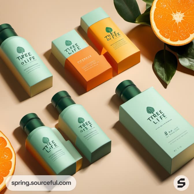 Skincare bottles with tree designs in pastel colors, arranged with orange slices and leaves.