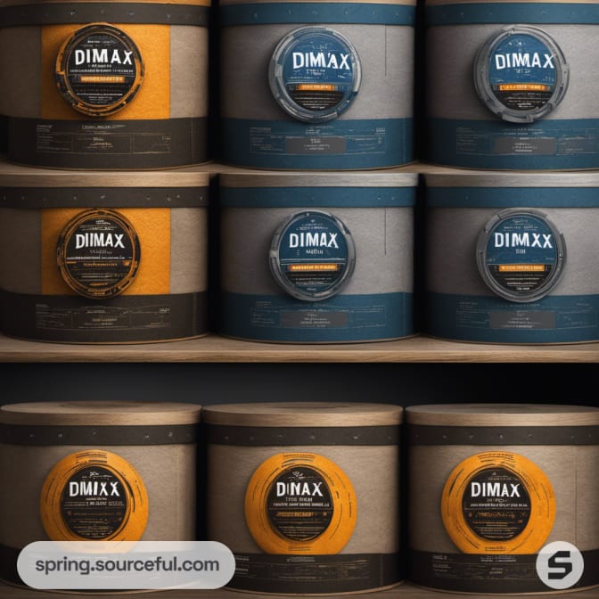 Brown and gray stacked packaging with circular blue labels.