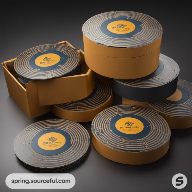 Round packaging in blue and orange with concentric designs.