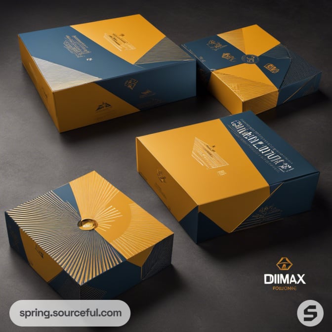 Four rectangular boxes, blue and yellow with geometric patterns.