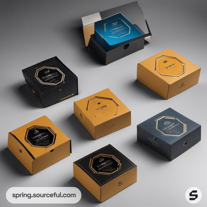 Various small boxes in black and gold tones.