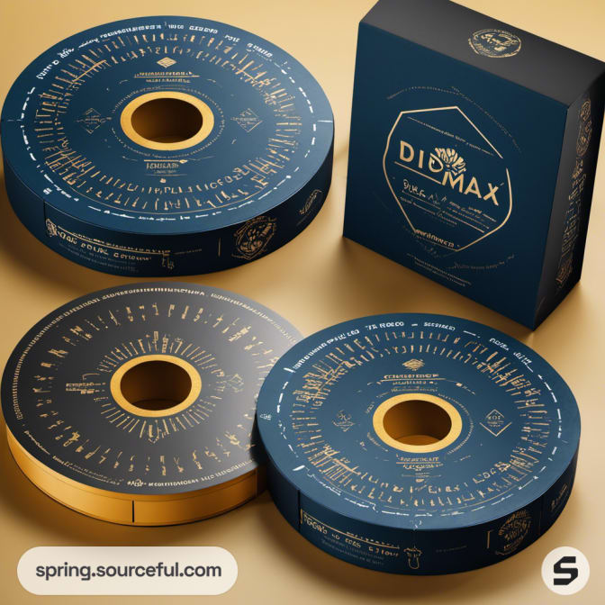 Blue and gold circular packaging with detailed design.