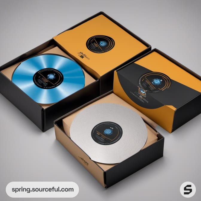 Open boxes with blue and silver discs inside.