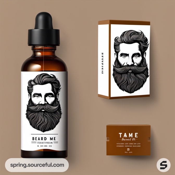 Amber dropper bottle with illustrated man, beard care packaging.