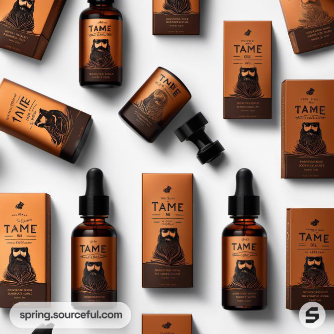 Multiple beard oil packages with illustrated male portraits.