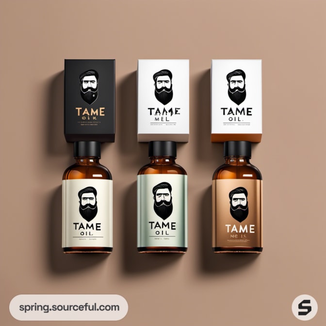 Three amber bottles with varied labels, beard oil packaging.