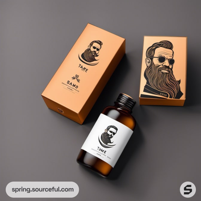 Amber bottle with box, featuring bearded man illustration.
