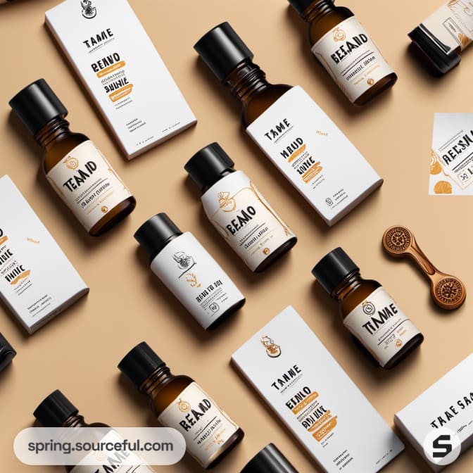Array of beard products with male illustrations on packaging.