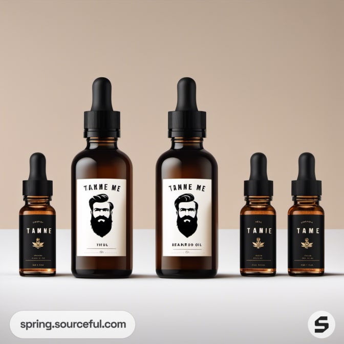 Set of beard oil bottles with distinct black and white labels.