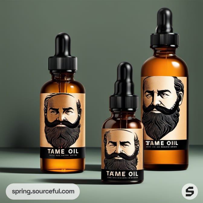 Three amber dropper bottles with black and beige labels.
