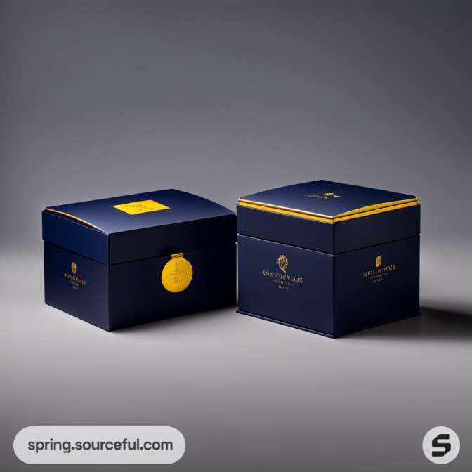 Two dark blue square watch boxes with yellow accents.