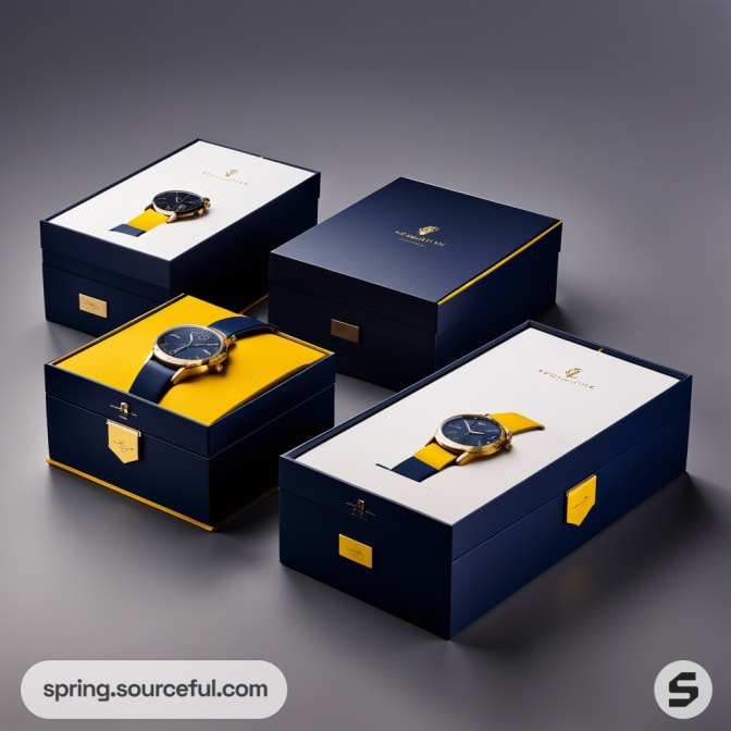 Rectangular dark blue and yellow boxes with watches on lid.