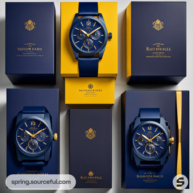 Blue and yellow watch boxes with watches displayed on lids.