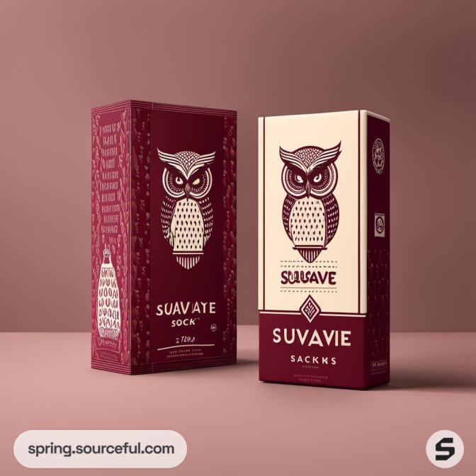 Maroon owl-themed packaging for socks on a brown background.