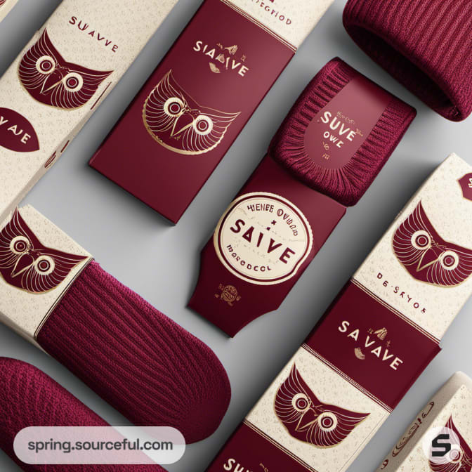 Assorted maroon and cream owl-themed packaging for socks on grey.