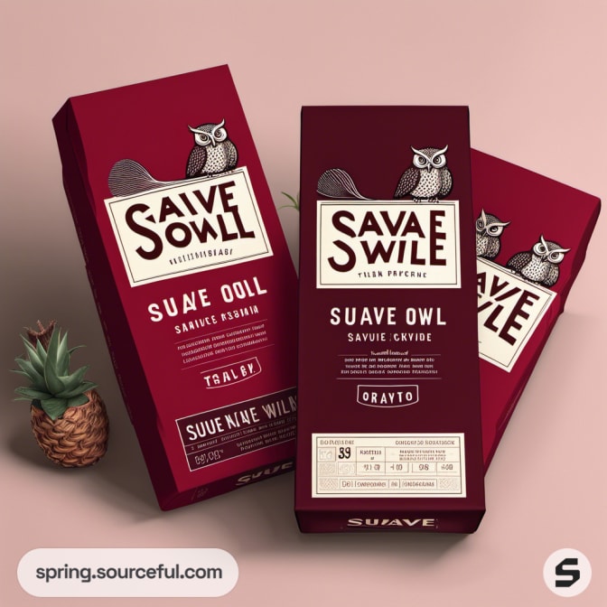 Suave owl-themed maroon snack packaging on a pink background.