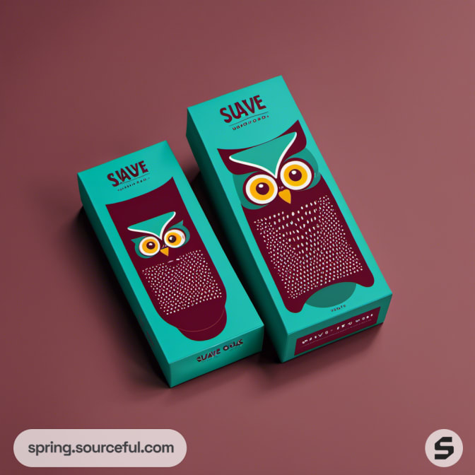 Turquoise and maroon owl-themed packaging on a brown background.