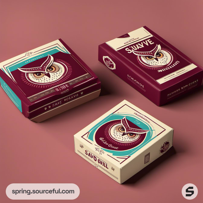 Assorted owl-themed snack boxes in maroon and teal on brown.