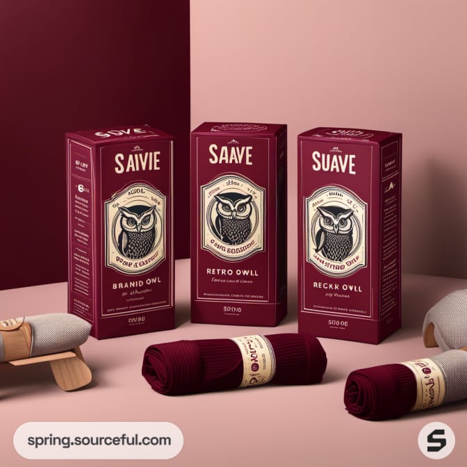 Three maroon owl-themed sock packaging boxes with yarn on pink.