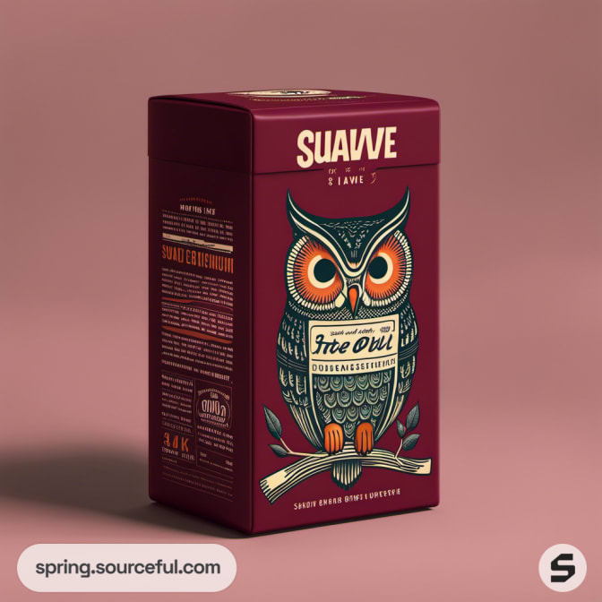 Maroon packaging with colorful owl illustration on brown background.