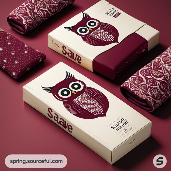 Owl-themed sock packaging in maroon with patterned fabric on pink.