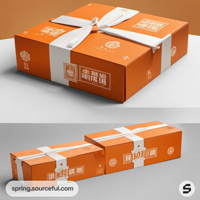 Orange gift boxes with white ribbons, featuring Chinese characters and decorative symbols.