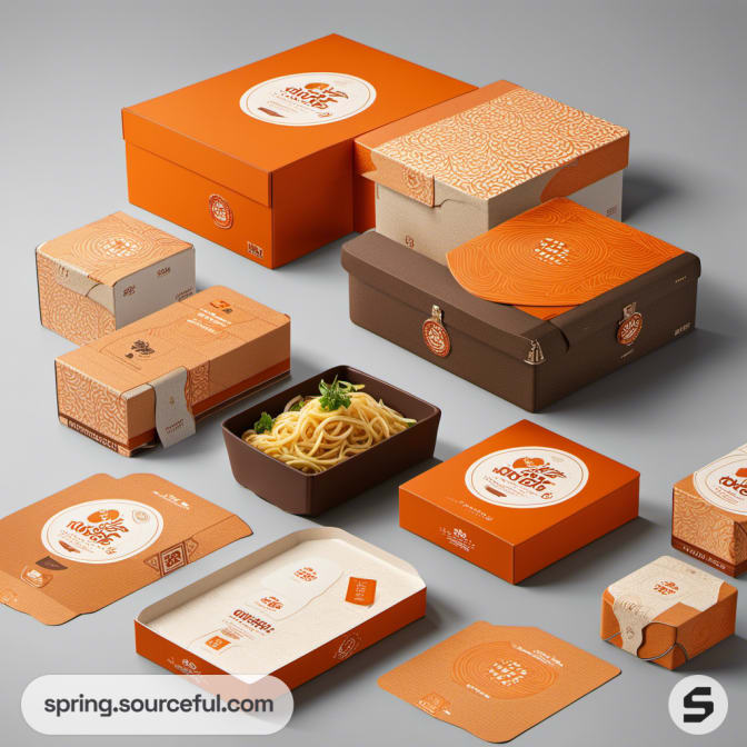 Assorted takeout boxes in orange and brown with a bowl of noodles.