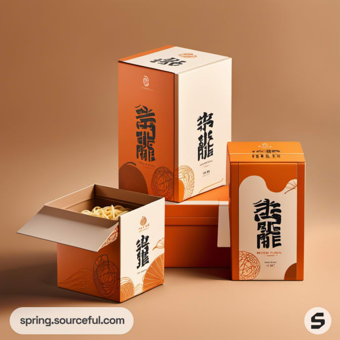 Stacked orange and white mailer boxes with Asian-style text and patterns on a beige background.