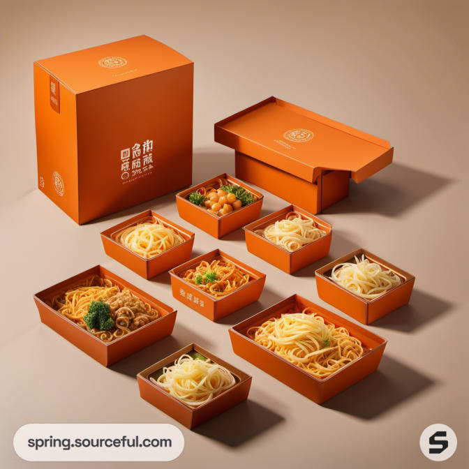 Orange boxes with various pasta dishes, including spaghetti and noodles, on a beige surface.