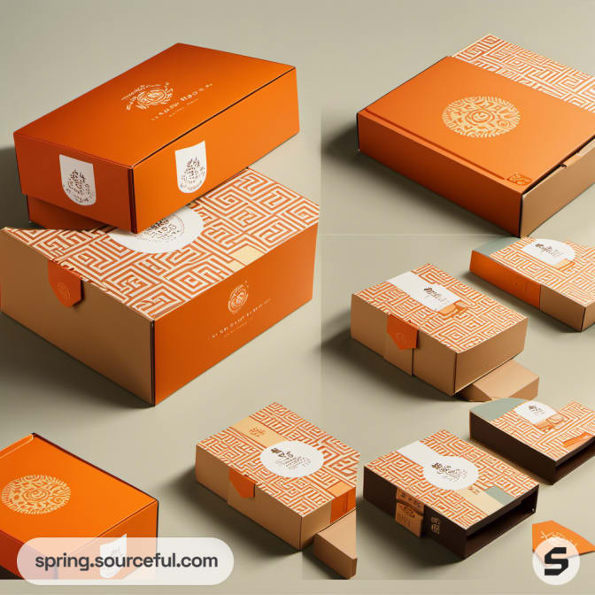 Orange mailer boxes with patterned lids and beige inserts on a light background.