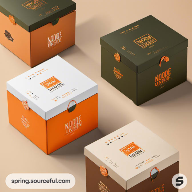 Square takeaway boxes in orange, white, and green with text and patterns on a beige surface.