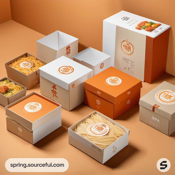 Variety of orange and white noodle boxes with window lids on a gradient background.