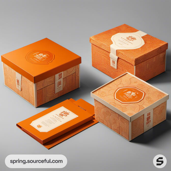 Orange and cream square gift boxes with geometric patterns and decorative labels.