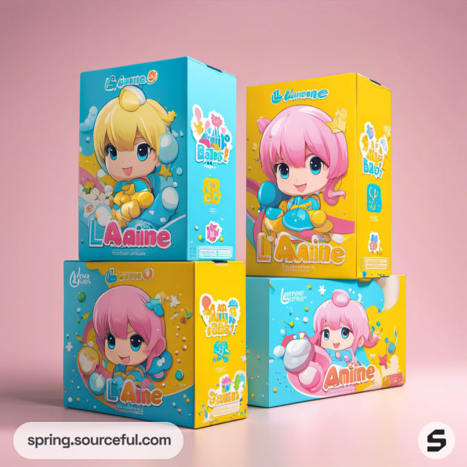 Stacked boxes with cute anime characters in blue, pink, and yellow designs on a pink background.