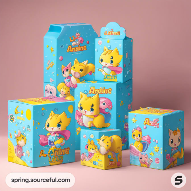Collection of blue and yellow boxes featuring anime characters and a 3D cat figure on a pink background.