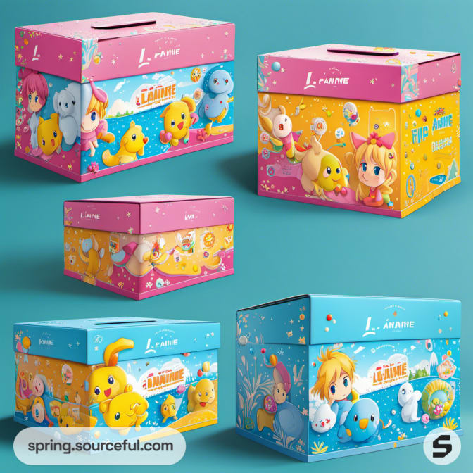 Colorful boxes with anime characters in pink, yellow, and blue on a teal background.